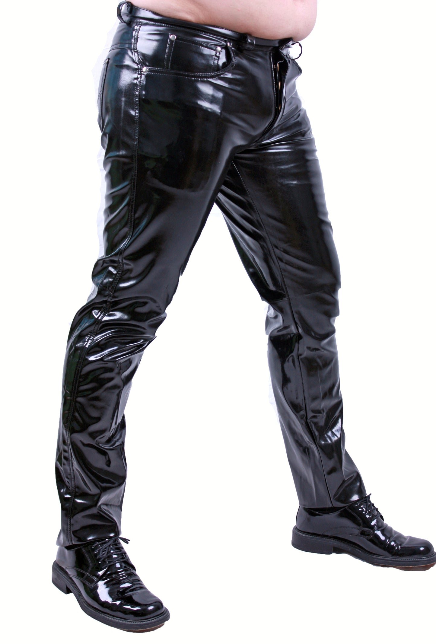 Lack Hose in Vinyl Qualität schwarz 5 Pocket Style Knopfleiste in alle Größen