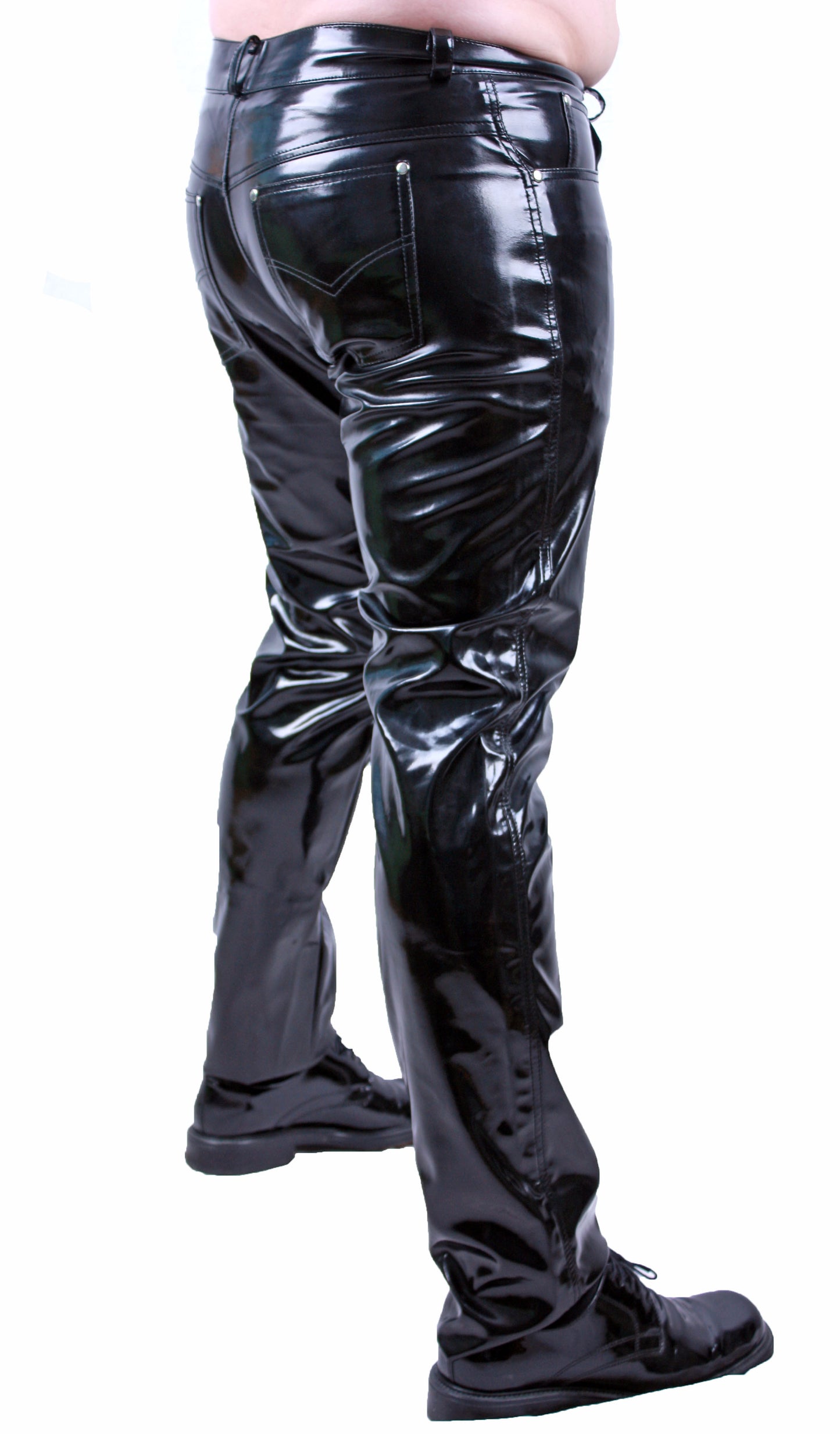 Lack Hose in Vinyl Qualität schwarz 5 Pocket Style Knopfleiste in alle Größen