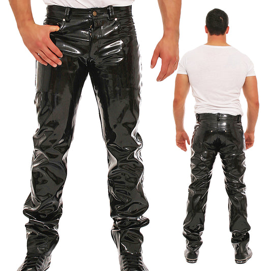 Lack Hose in Vinyl Qualität schwarz 5 Pocket Style Knopfleiste in alle Größen