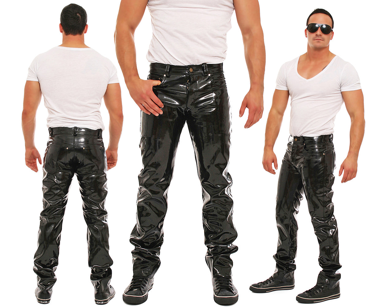 Lack Hose in Vinyl Qualität schwarz 5 Pocket Style Knopfleiste in alle Größen