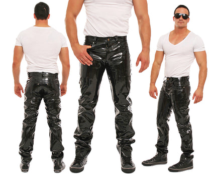 Lack Hose in Vinyl Qualität schwarz 5 Pocket Style Knopfleiste in alle Größen