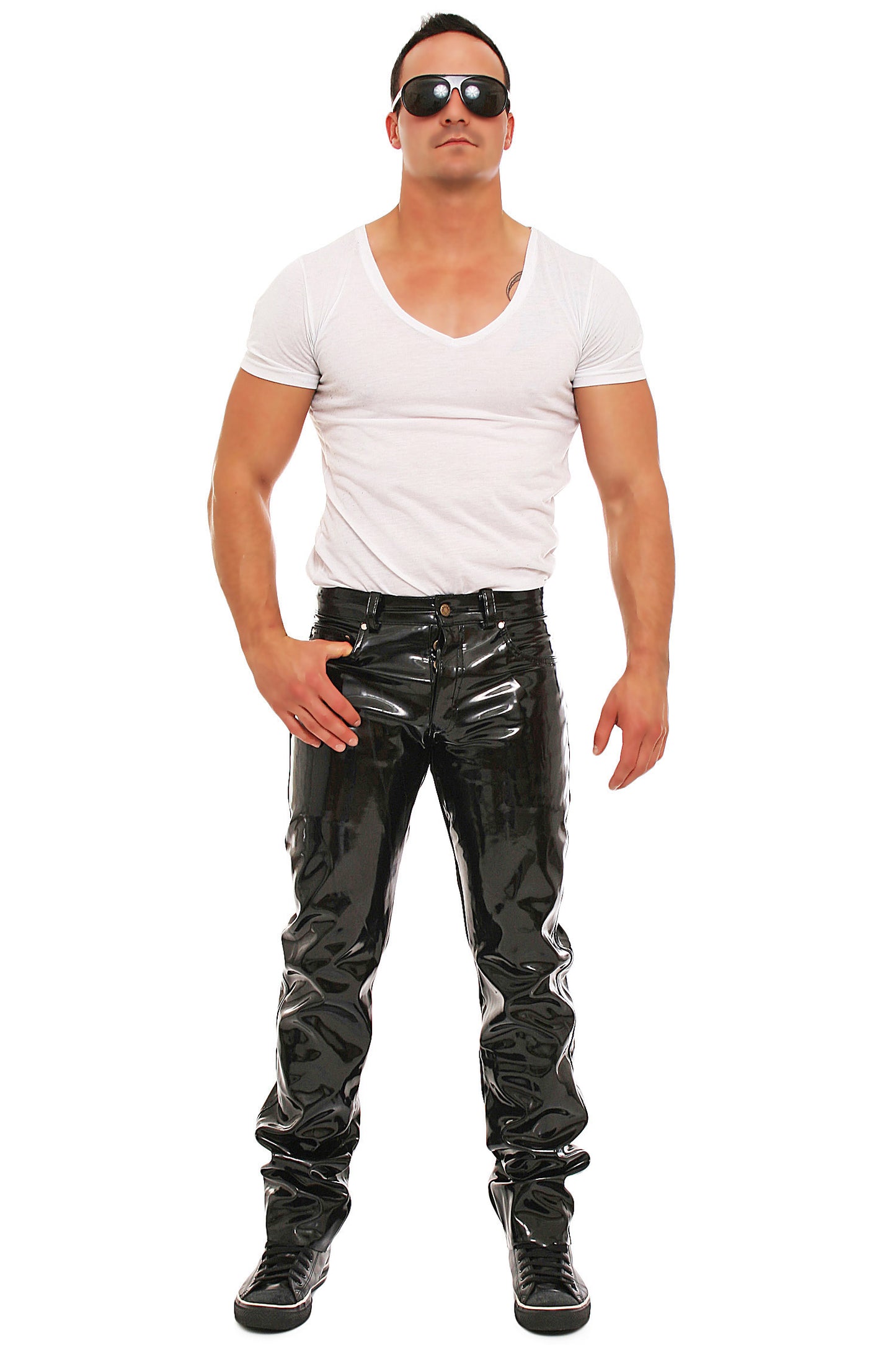 Lack Hose in Vinyl Qualität schwarz 5 Pocket Style Knopfleiste in alle Größen