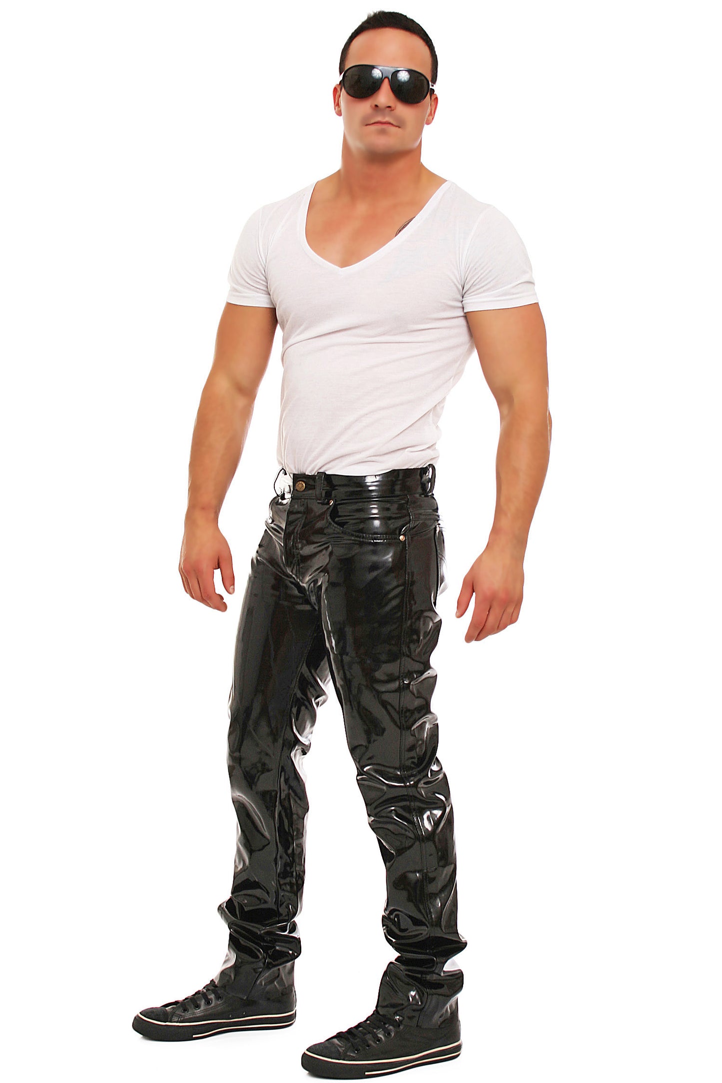 Lack Hose in Vinyl Qualität schwarz 5 Pocket Style Knopfleiste in alle Größen