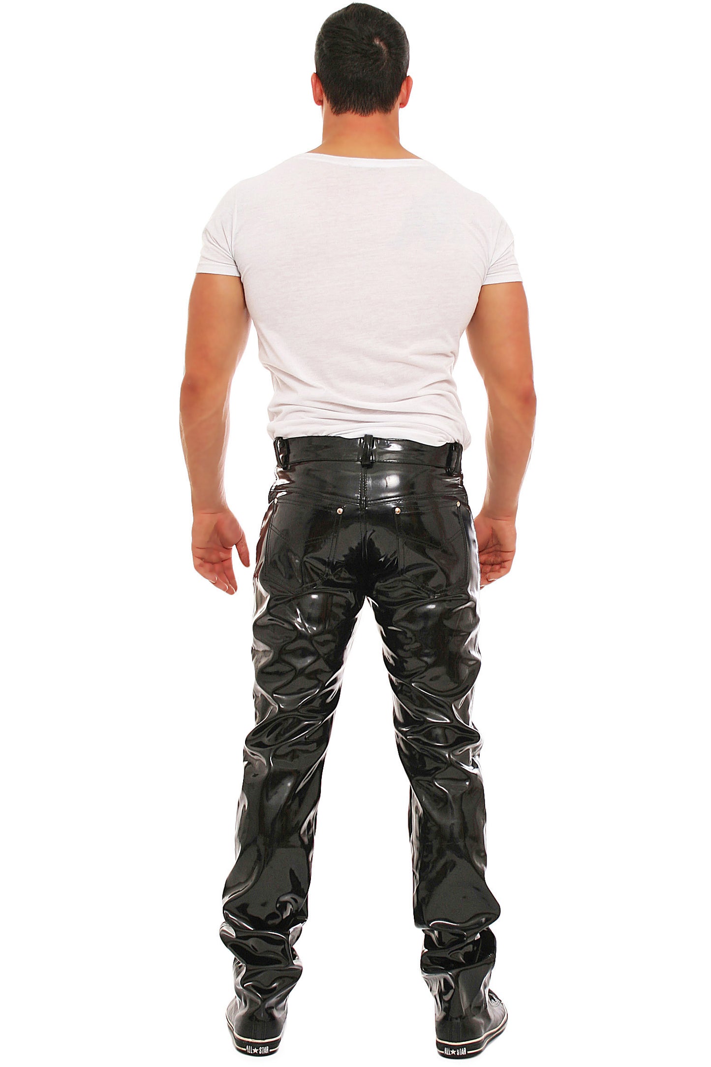 Lack Hose in Vinyl Qualität schwarz 5 Pocket Style Knopfleiste in alle Größen