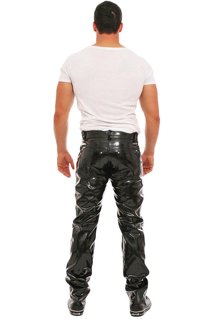 Lack Hose in Vinyl Qualität schwarz 5 Pocket Style Knopfleiste in alle Größen