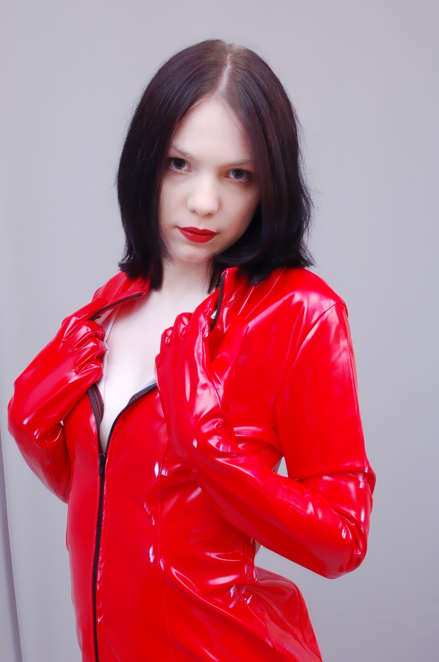 Lack Kleid in Vinyl Qualität rot langarmig Reißverschluss S M L XL XXL FWT Club