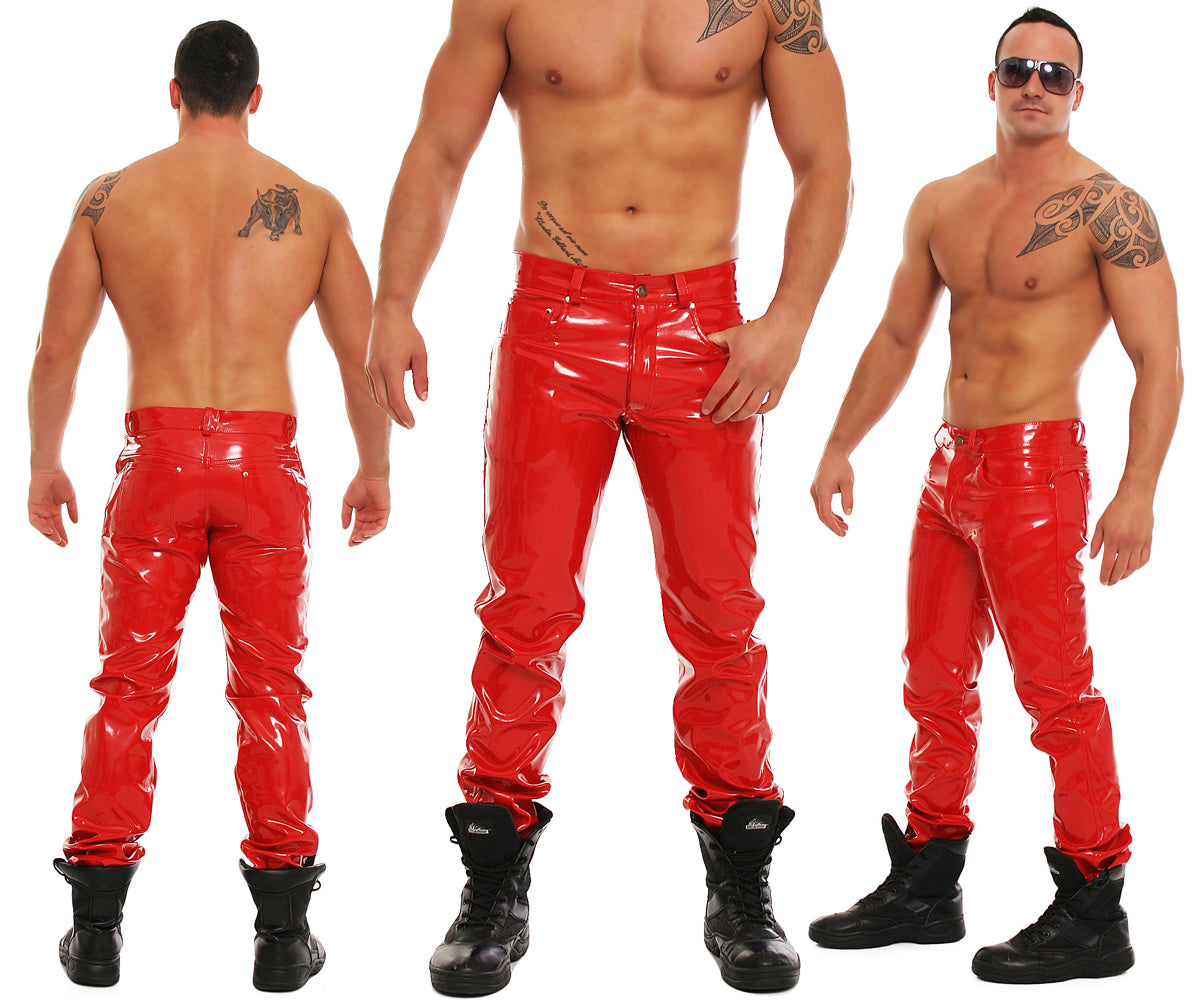 Lack Hose in Vinyl Qualität rot 5 Pocket Style Reißverschluss in alle Größen