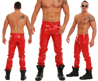 Lack Hose in Vinyl Qualität rot 5 Pocket Style Reißverschluss in alle Größen