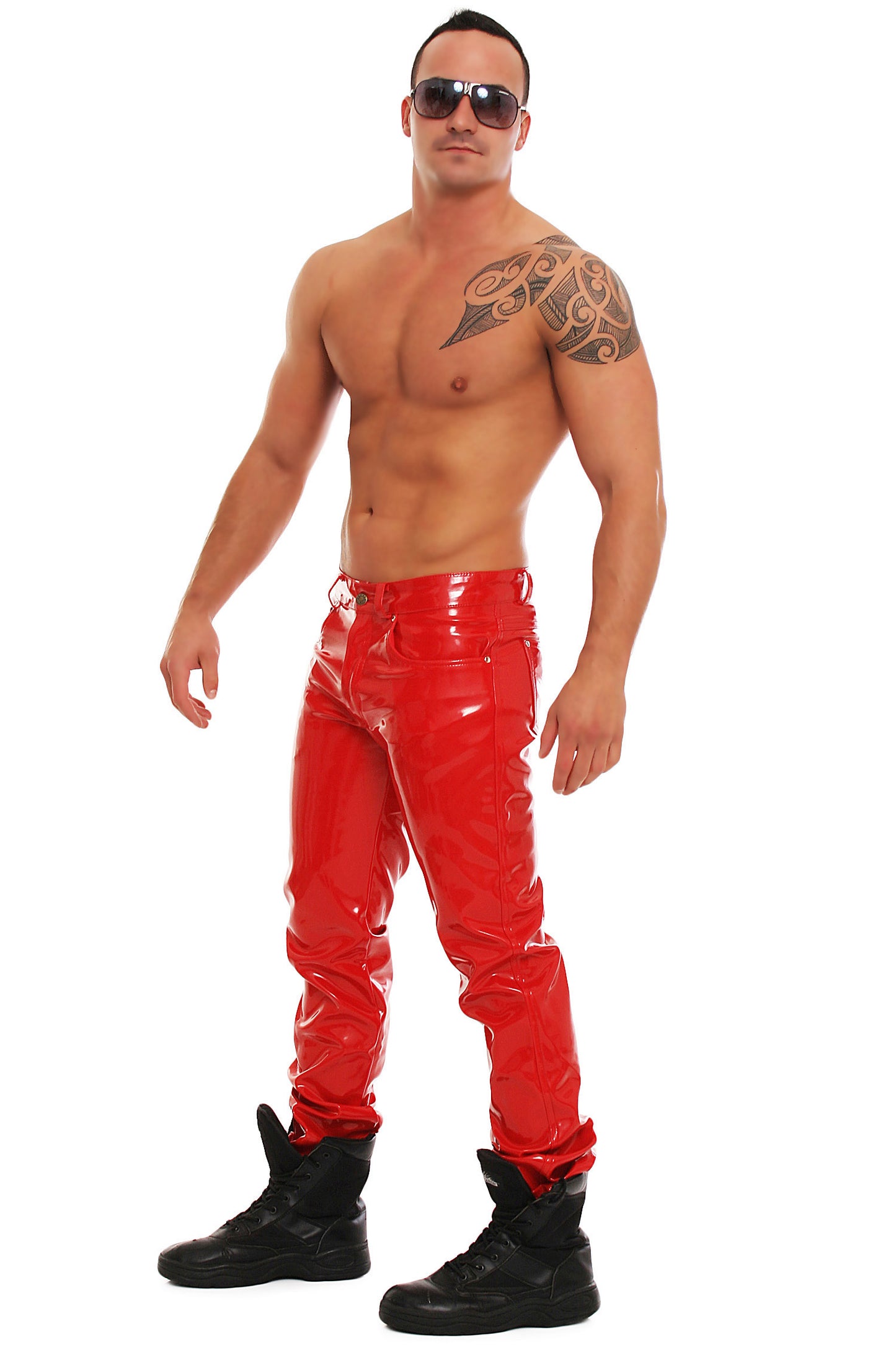 Lack Hose in Vinyl Qualität rot 5 Pocket Style Reißverschluss in alle Größen