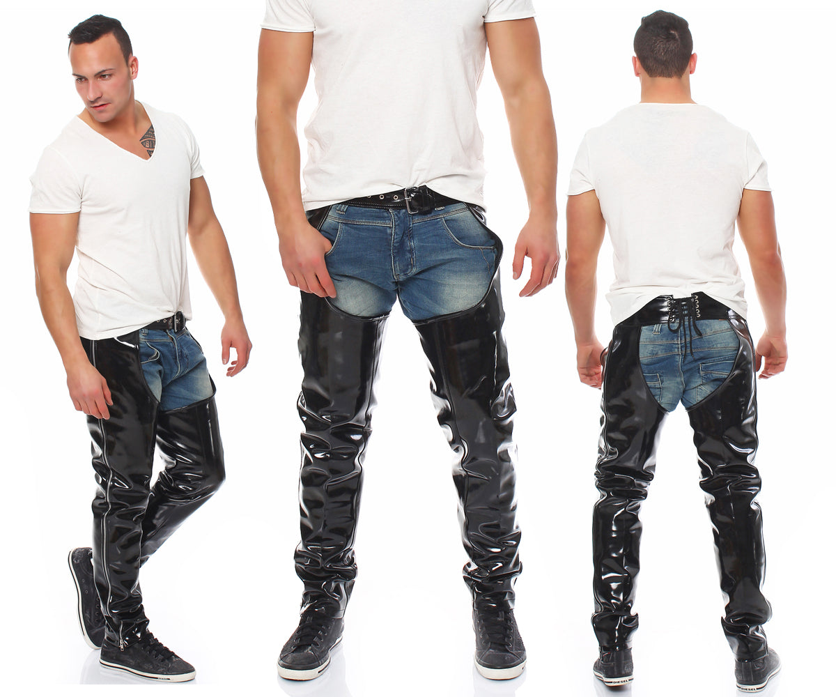 Lack Chaps in Vinyl Qualität YKK Zipper Gürtelschnalle Ösen verstärkt Schnürung