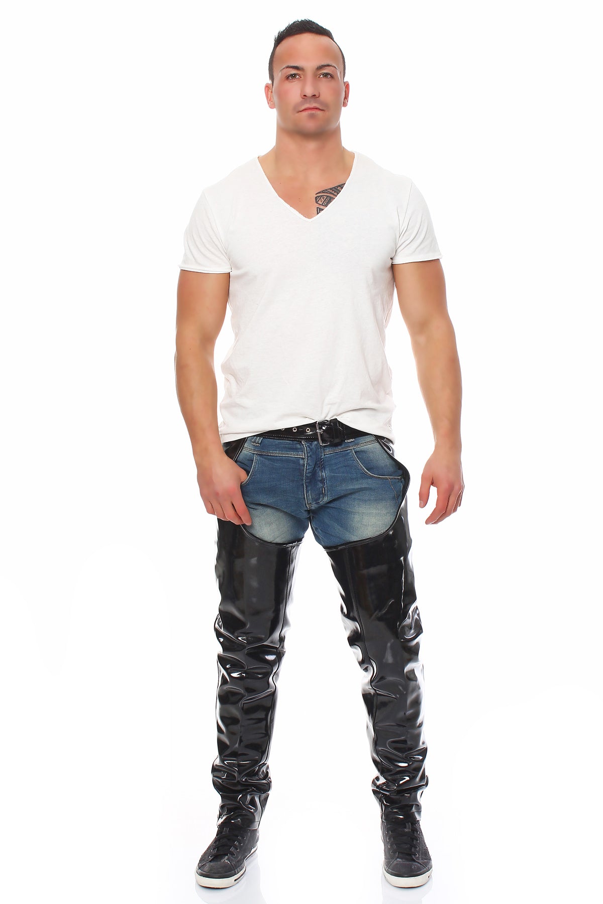 Lack Chaps in Vinyl Qualität YKK Zipper Gürtelschnalle Ösen verstärkt Schnürung