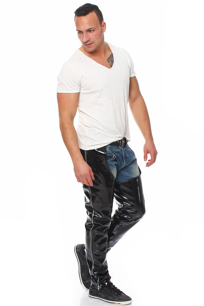 Lack Chaps in Vinyl Qualität YKK Zipper Gürtelschnalle Ösen verstärkt Schnürung