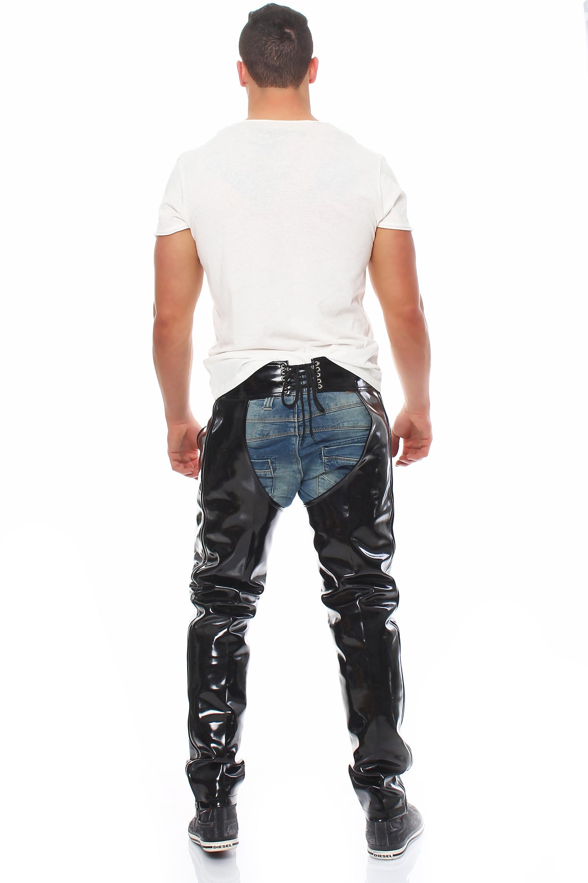 Lack Chaps in Vinyl Qualität YKK Zipper Gürtelschnalle Ösen verstärkt Schnürung