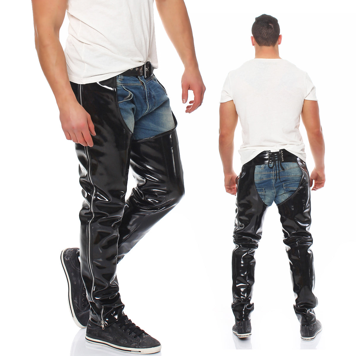 Lack Chaps in Vinyl Qualität YKK Zipper Gürtelschnalle Ösen verstärkt Schnürung