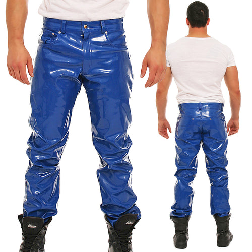 Lack Hose in Vinyl Qualität blau 5 Pocket Style Knopfleiste in alle Größen