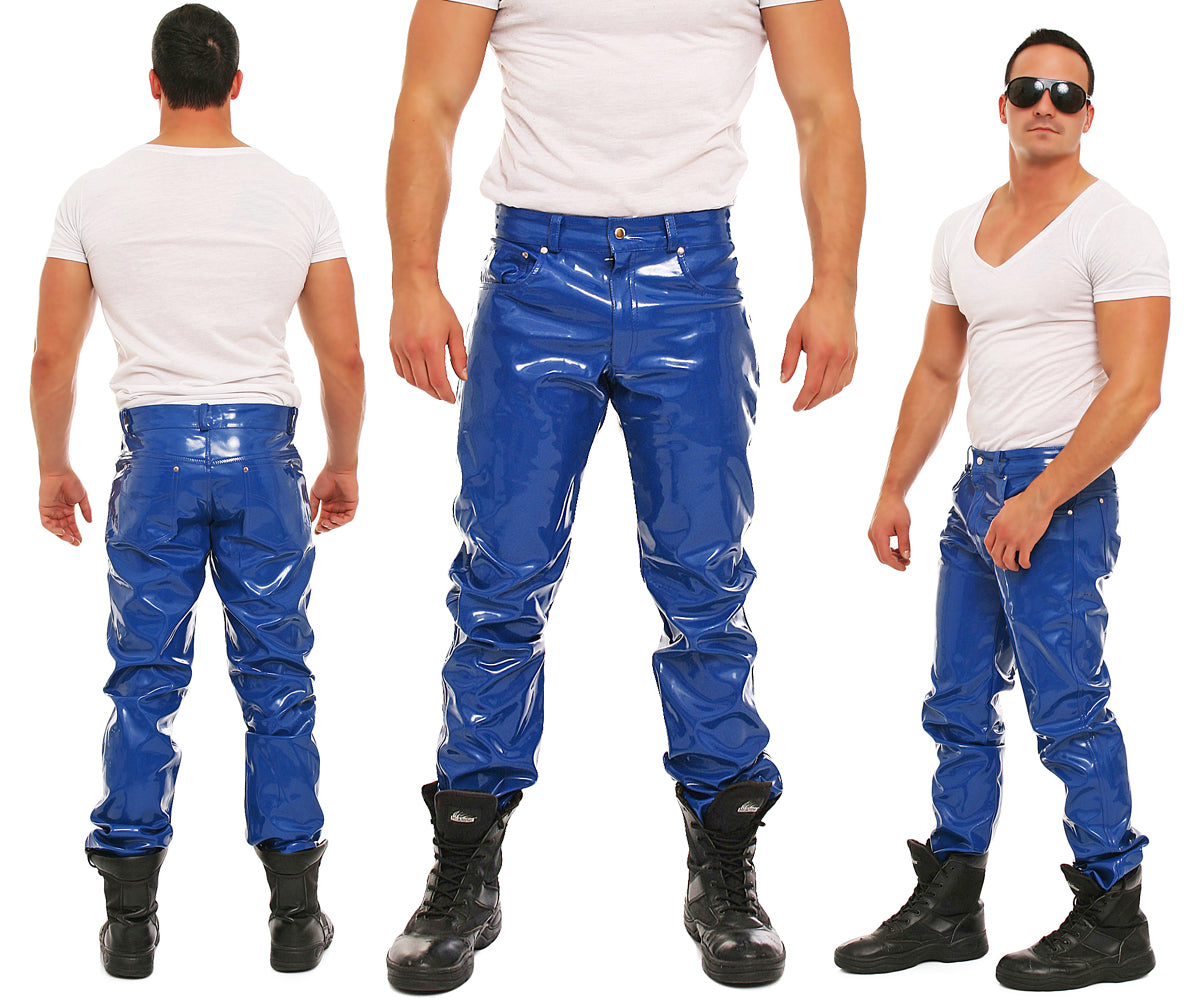 Lack Hose in Vinyl Qualität blau 5 Pocket Style Knopfleiste in alle Größen
