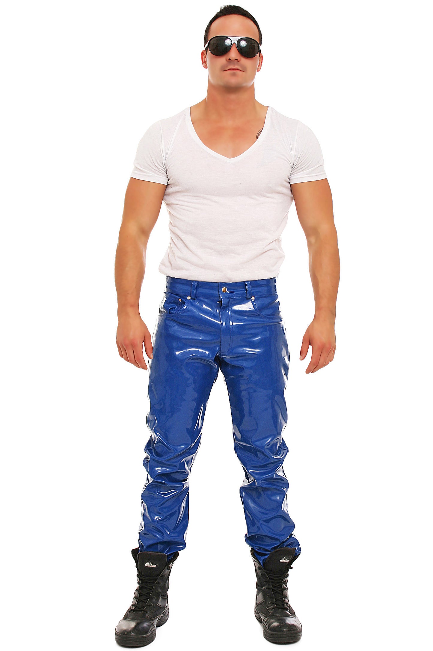 Lack Hose in Vinyl Qualität blau 5 Pocket Style Knopfleiste in alle Größen