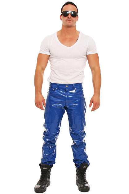 Lack Hose in Vinyl Qualität blau 5 Pocket Style Knopfleiste in alle Größen