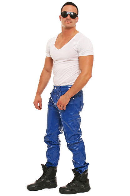 Lack Hose in Vinyl Qualität blau 5 Pocket Style Knopfleiste in alle Größen