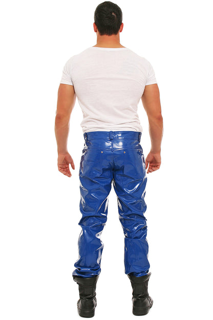 Lack Hose in Vinyl Qualität blau 5 Pocket Style Knopfleiste in alle Größen