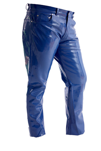 Lack Hose in Vinyl Qualität blau 5 Pocket Style Knopfleiste in alle Größen