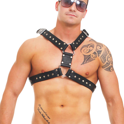 Echt Leder Brust Harness Rindsleder doppellagig 4fach vernäht Nieten verziert Ösen verstärkt