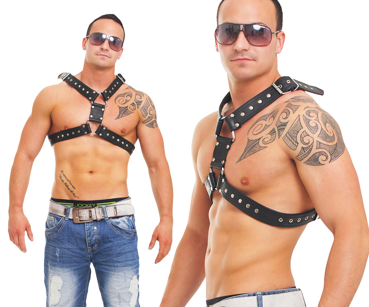 Echt Leder Brust Harness Rindsleder doppellagig 4fach vernäht Nieten verziert Ösen verstärkt