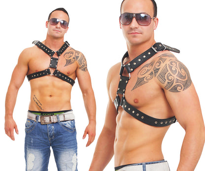 Echt Leder Brust Harness Rindsleder doppellagig 4fach vernäht Nieten verziert Ösen verstärkt