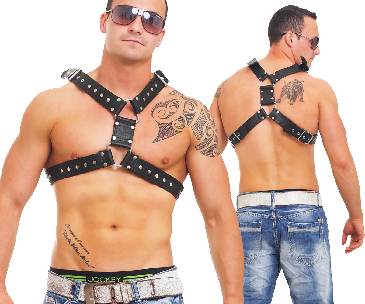 Echt Leder Brust Harness Rindsleder doppellagig 4fach vernäht Nieten verziert Ösen verstärkt