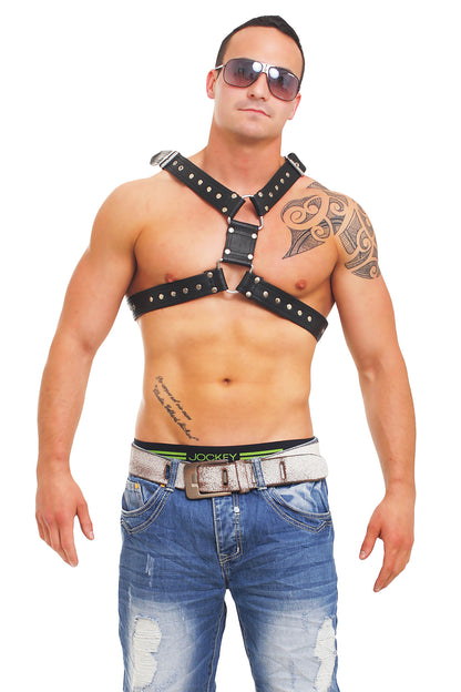 Echt Leder Brust Harness Rindsleder doppellagig 4fach vernäht Nieten verziert Ösen verstärkt