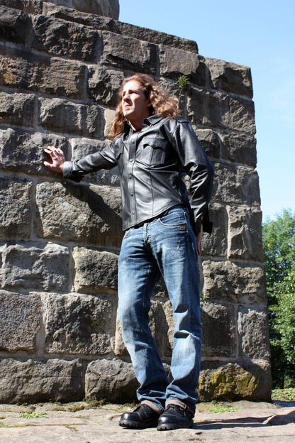 Echt Leder Hemd weiches Rindsleder langarm Schulterklappen Druckknopfleiste Brusttaschen