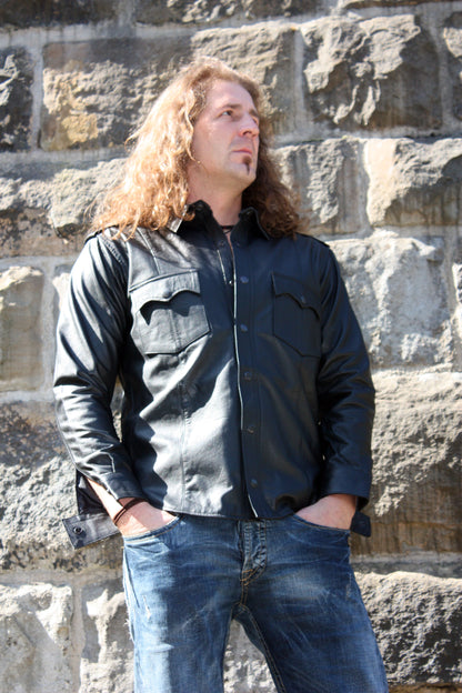 Echt Leder Hemd weiches Rindsleder langarm Schulterklappen Druckknopfleiste Brusttaschen