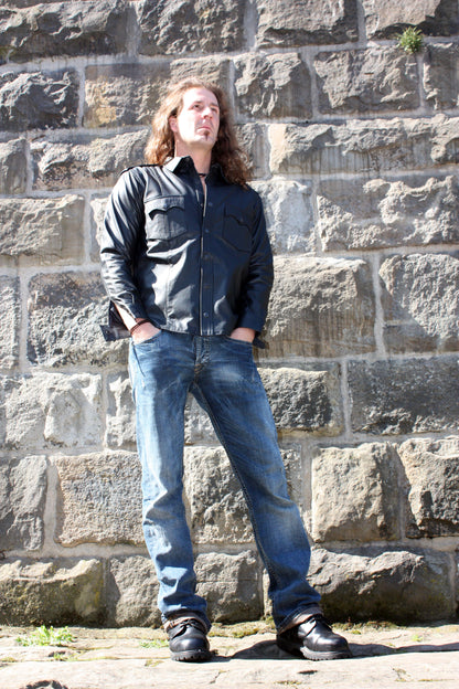 Echt Leder Hemd weiches Rindsleder langarm Schulterklappen Druckknopfleiste Brusttaschen