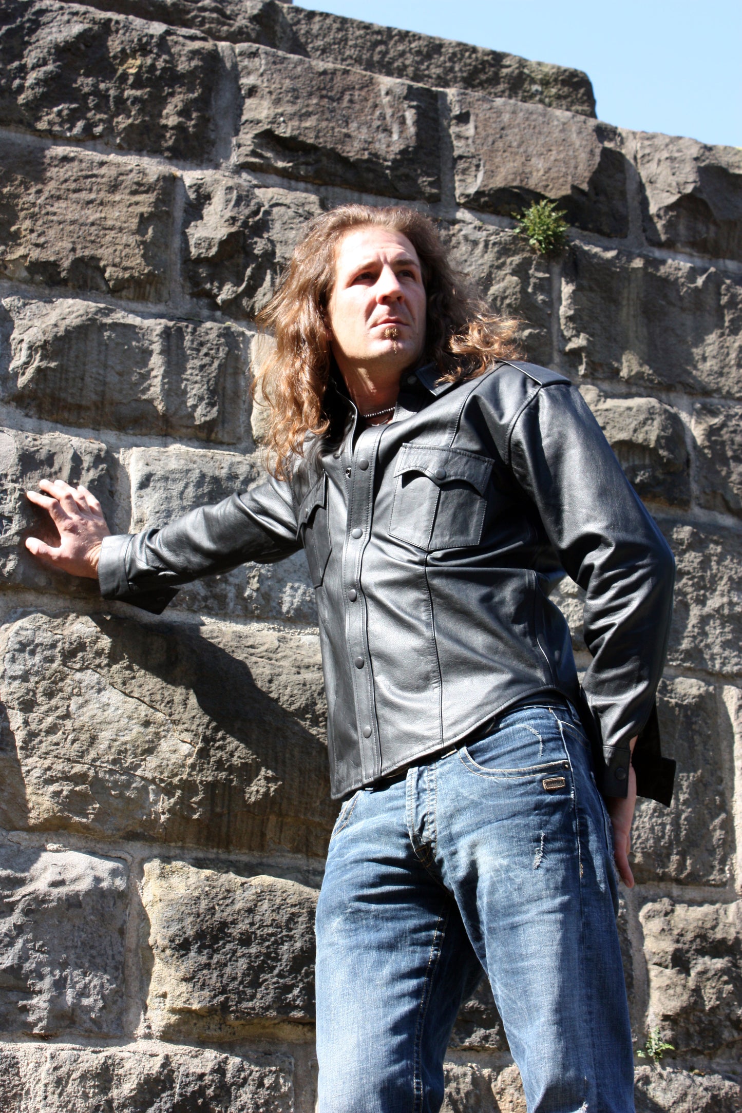 Echt Leder Hemd weiches Rindsleder langarm Schulterklappen Druckknopfleiste Brusttaschen