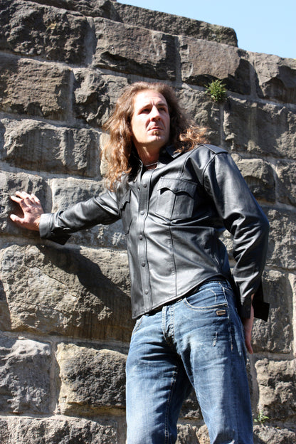 Echt Leder Hemd weiches Rindsleder langarm Schulterklappen Druckknopfleiste Brusttaschen