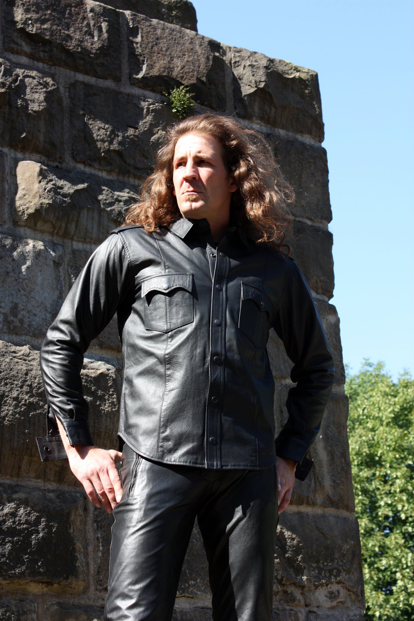 Echt Leder Hemd weiches Rindsleder langarm Schulterklappen Druckknopfleiste Brusttaschen