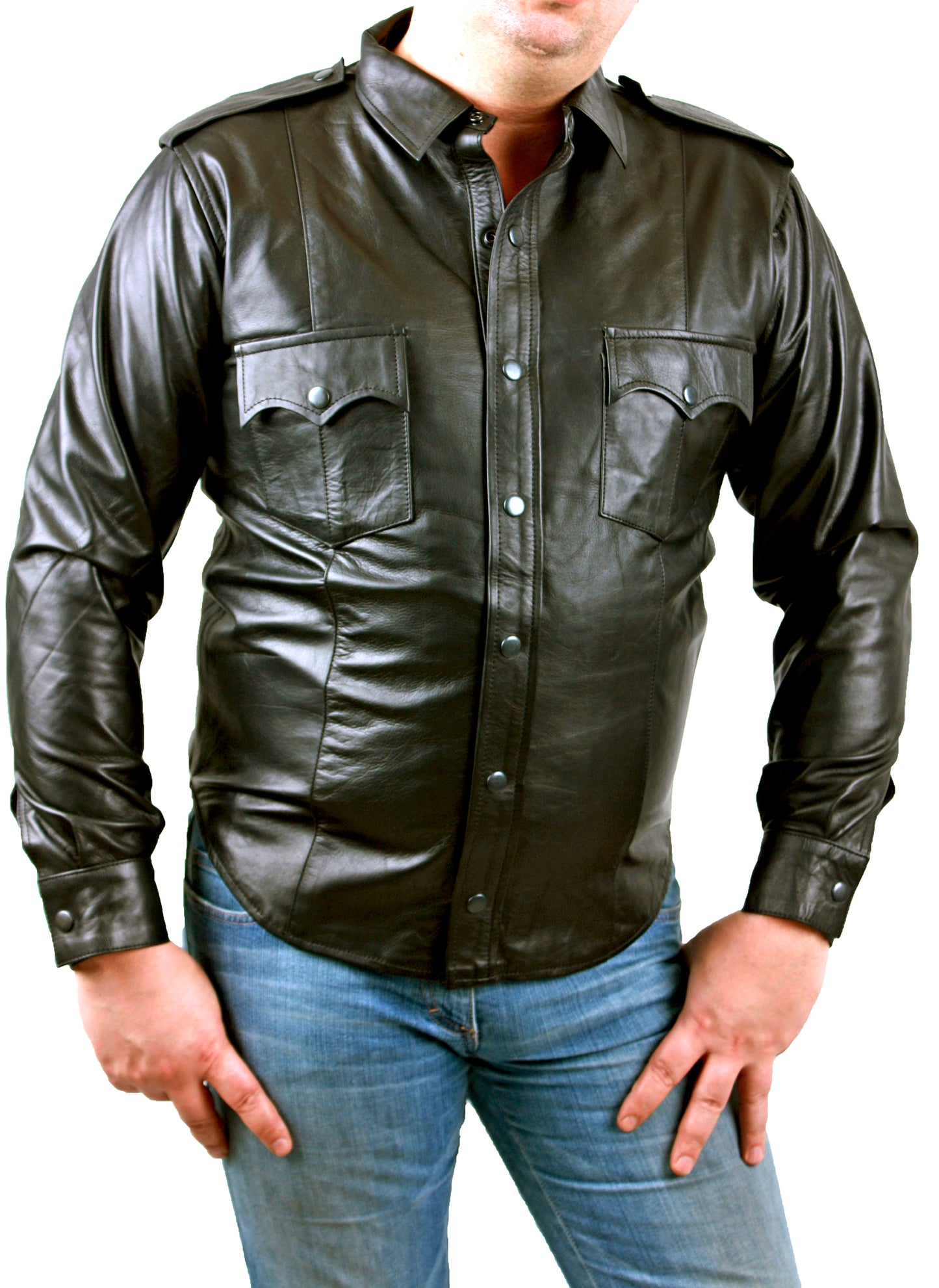 Echt Leder Hemd weiches Rindsleder langarm Schulterklappen Druckknopfleiste Brusttaschen