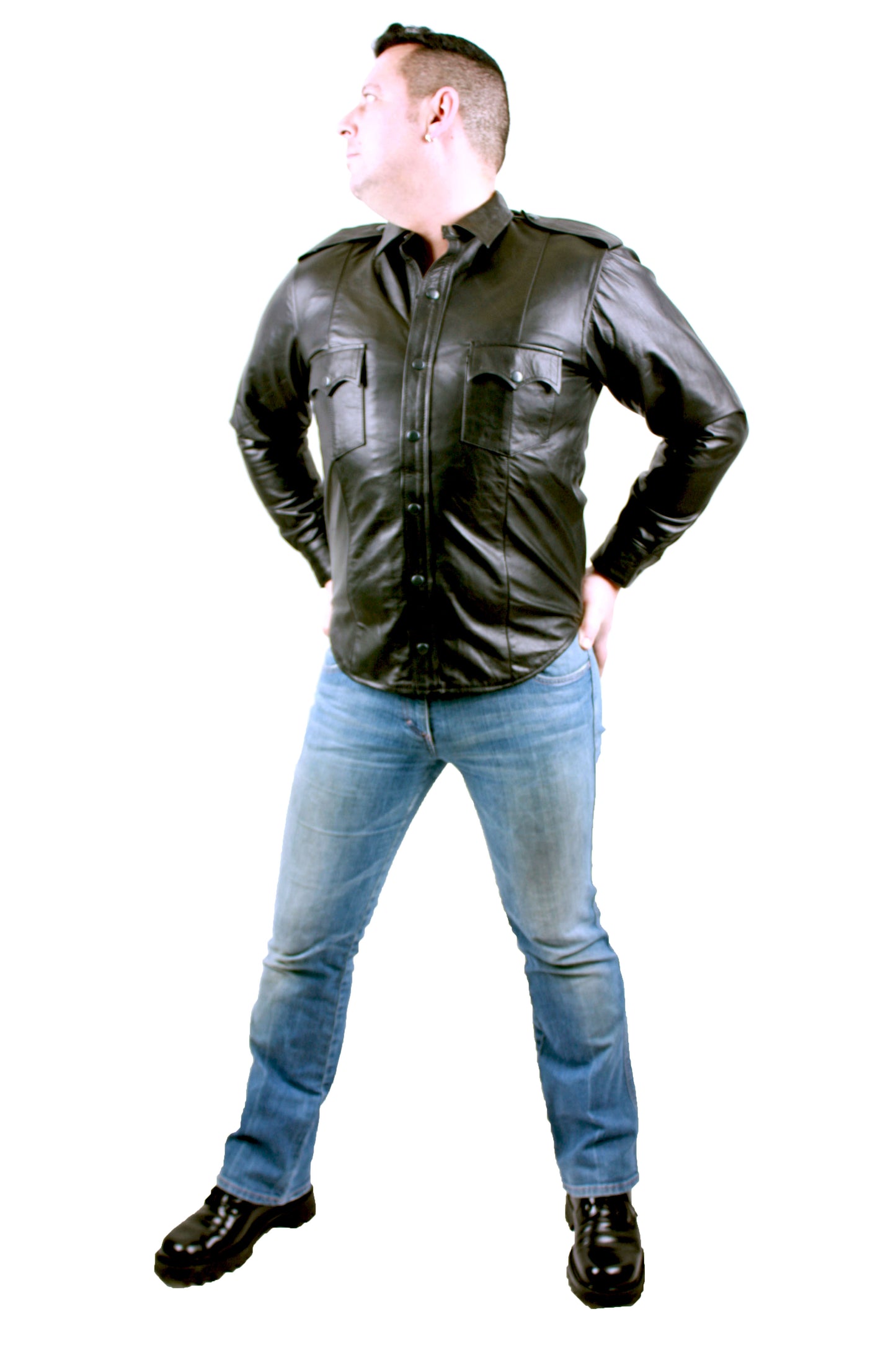 Echt Leder Hemd weiches Rindsleder langarm Schulterklappen Druckknopfleiste Brusttaschen