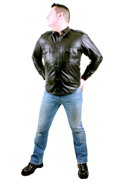 Echt Leder Hemd weiches Rindsleder langarm Schulterklappen Druckknopfleiste Brusttaschen