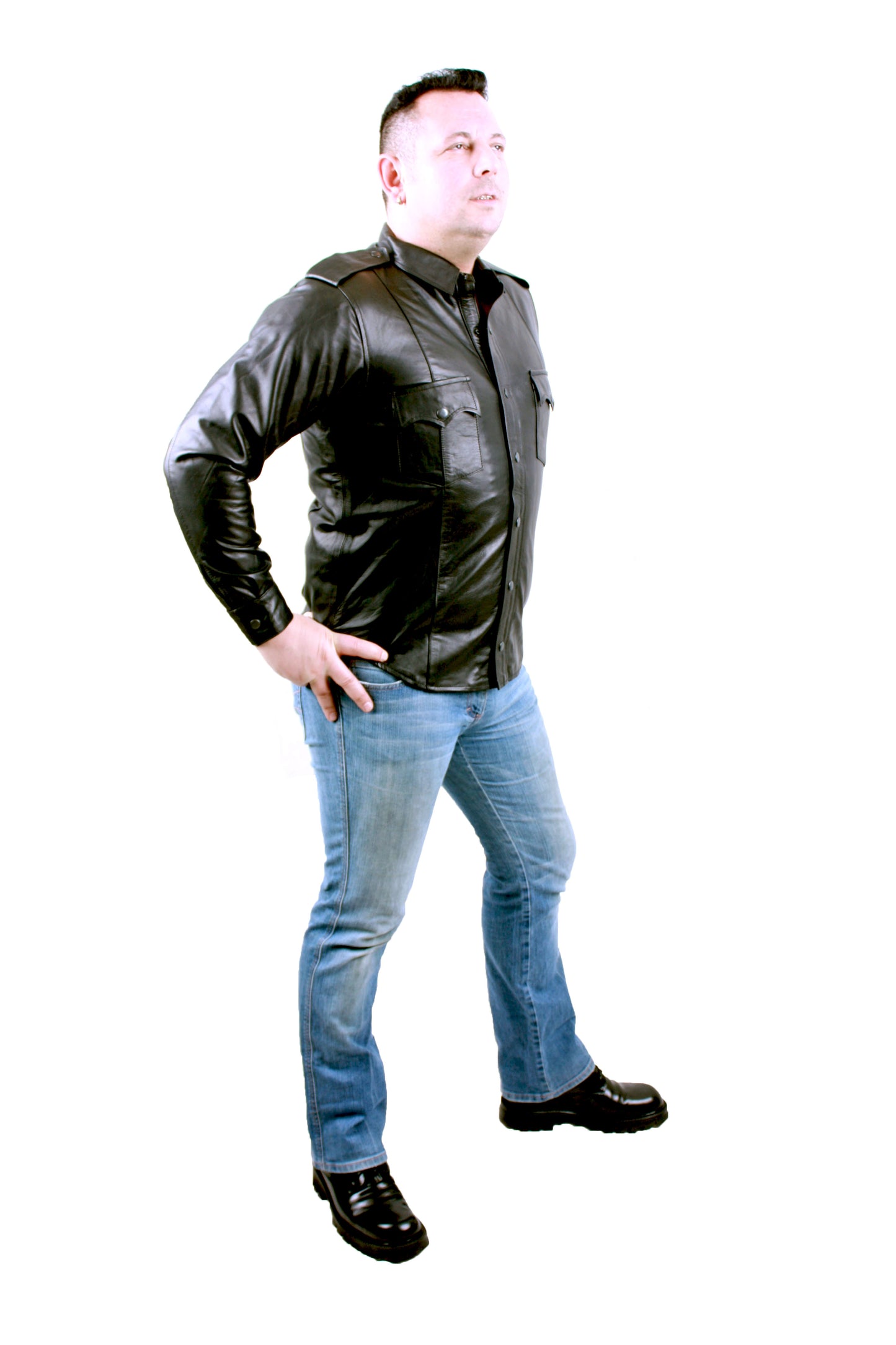 Echt Leder Hemd weiches Rindsleder langarm Schulterklappen Druckknopfleiste Brusttaschen