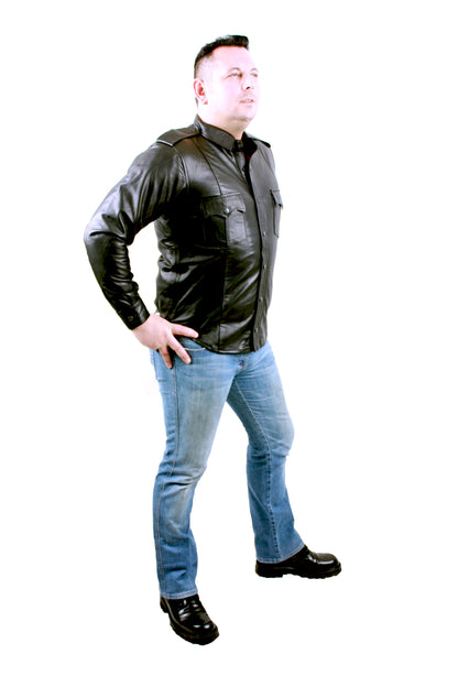 Echt Leder Hemd weiches Rindsleder langarm Schulterklappen Druckknopfleiste Brusttaschen