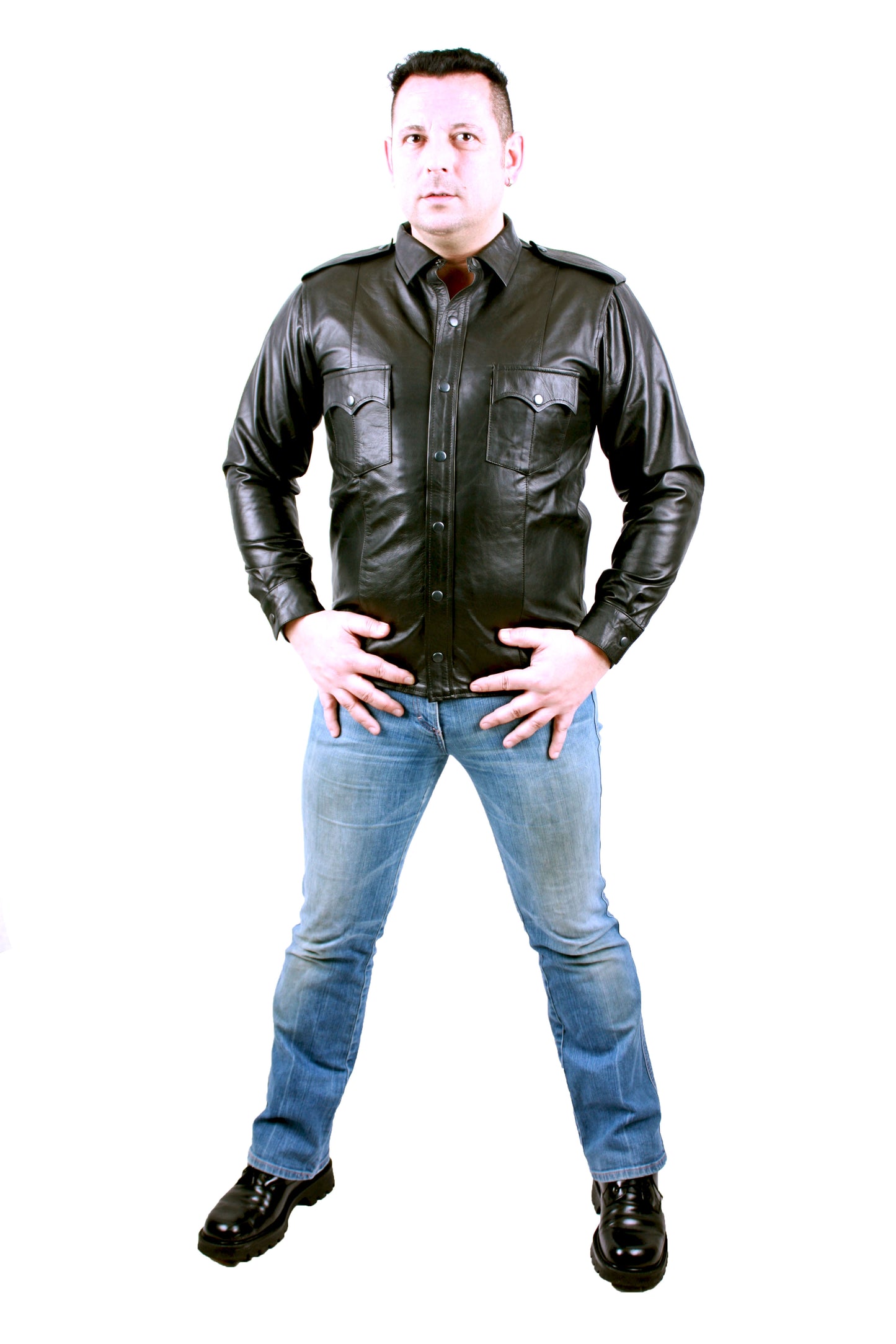 Echt Leder Hemd weiches Rindsleder langarm Schulterklappen Druckknopfleiste Brusttaschen