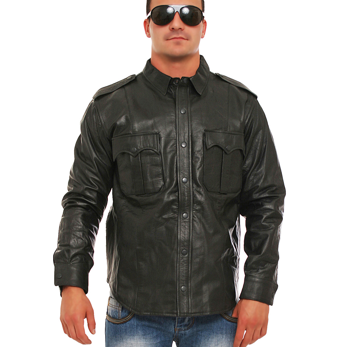 Echt Leder Hemd weiches Rindsleder langarm Schulterklappen Druckknopfleiste Brusttaschen