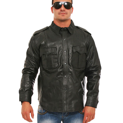 Echt Leder Hemd weiches Rindsleder langarm Schulterklappen Druckknopfleiste Brusttaschen