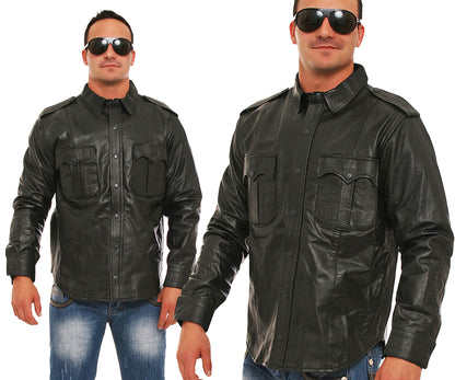 Echt Leder Hemd weiches Rindsleder langarm Schulterklappen Druckknopfleiste Brusttaschen