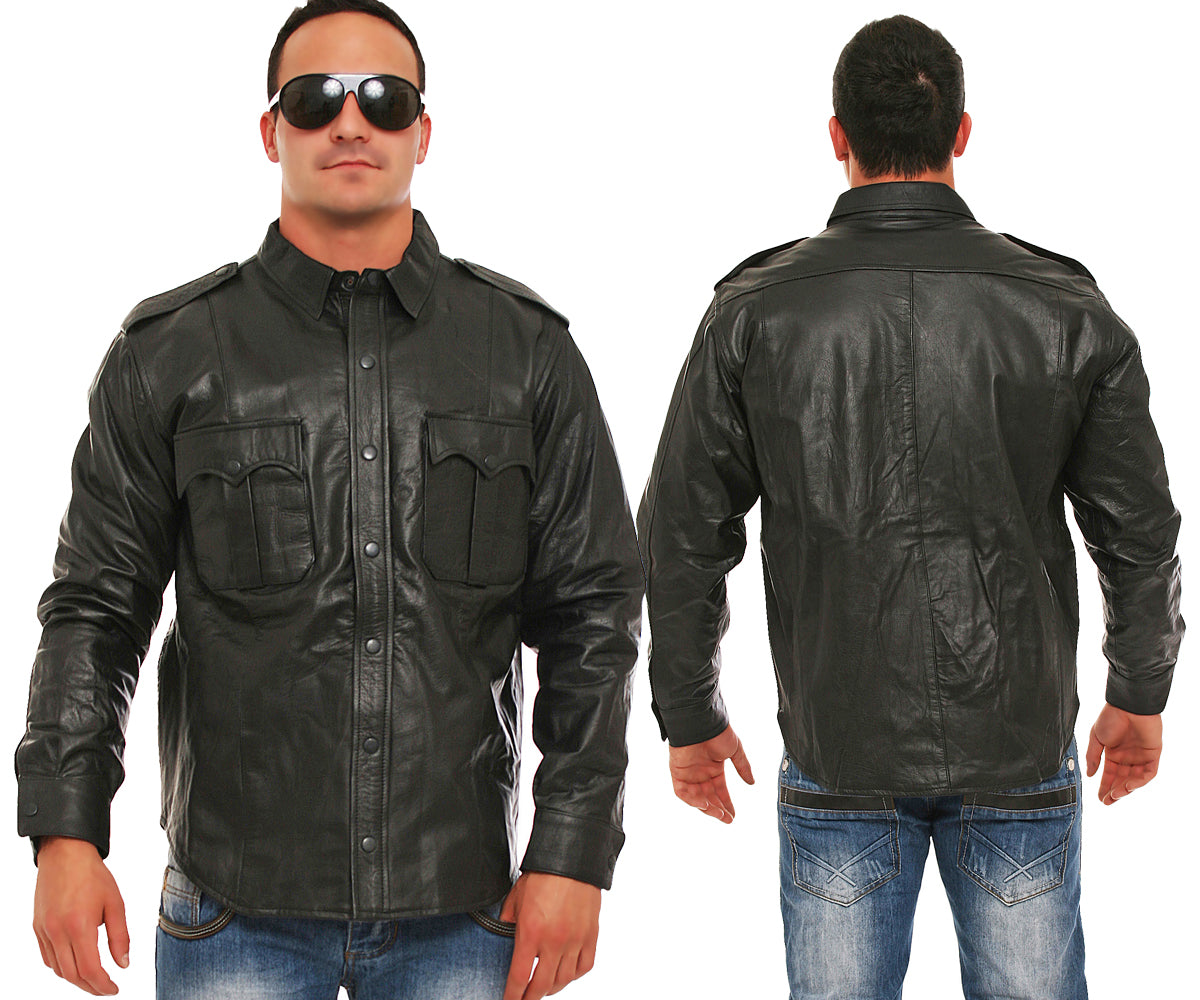 Echt Leder Hemd weiches Rindsleder langarm Schulterklappen Druckknopfleiste Brusttaschen