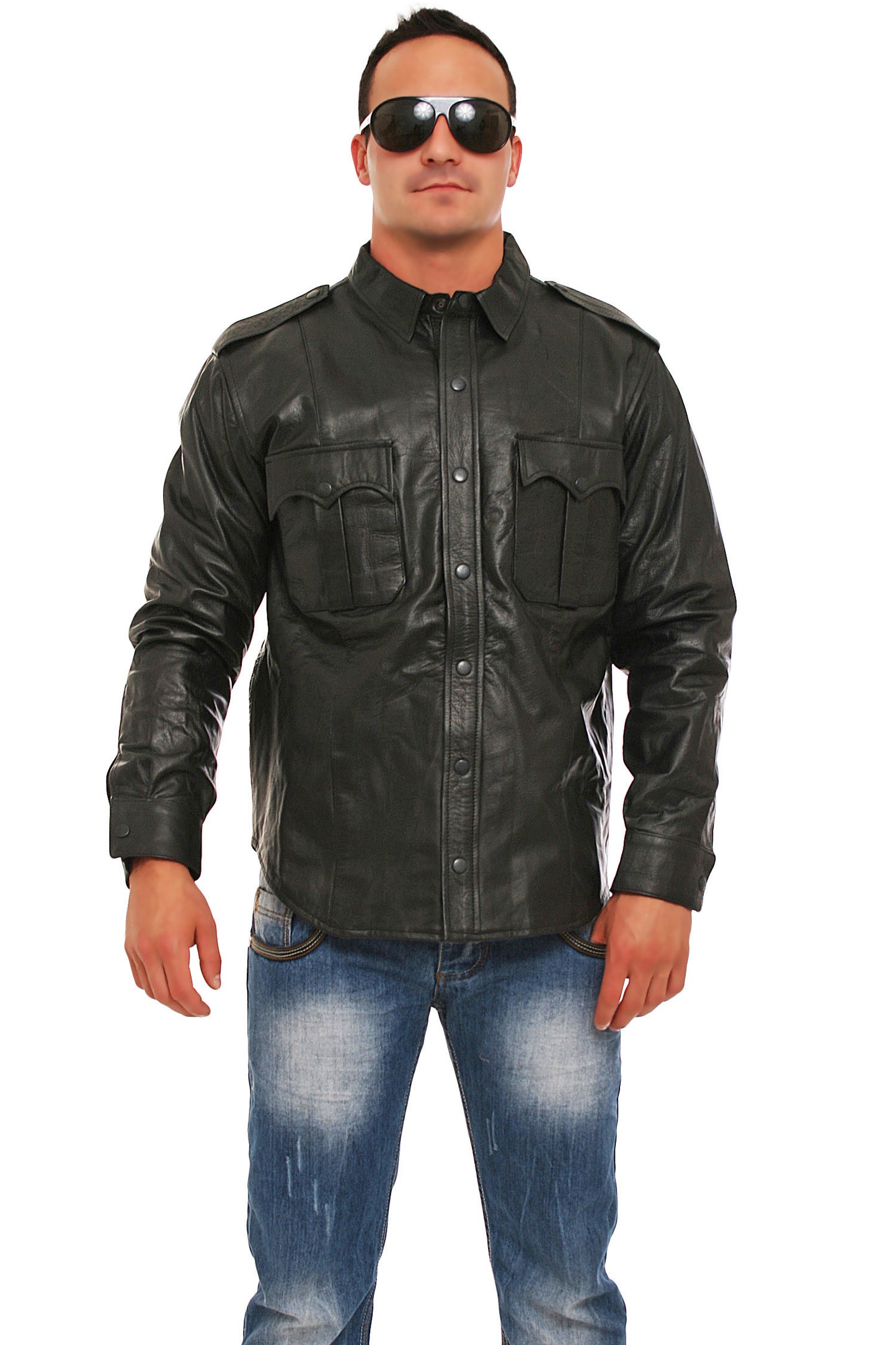 Echt Leder Hemd weiches Rindsleder langarm Schulterklappen Druckknopfleiste Brusttaschen