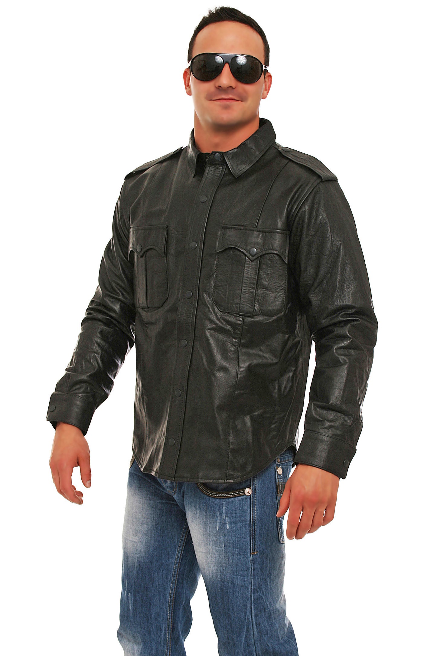 Echt Leder Hemd weiches Rindsleder langarm Schulterklappen Druckknopfleiste Brusttaschen