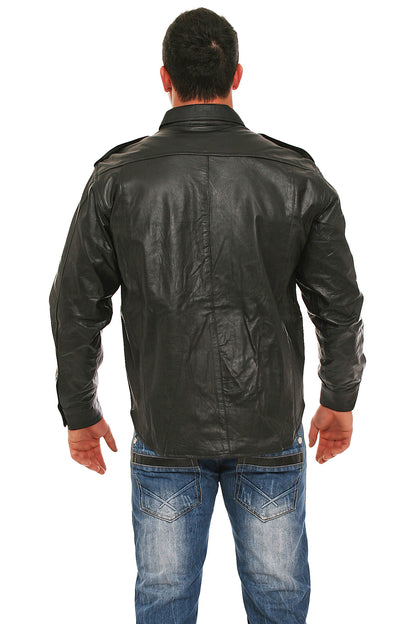 Echt Leder Hemd weiches Rindsleder langarm Schulterklappen Druckknopfleiste Brusttaschen