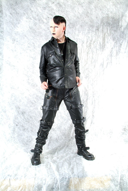 Echt Leder Hemd weiches Rindsleder langarm Schulterklappen Druckknopfleiste Brusttaschen